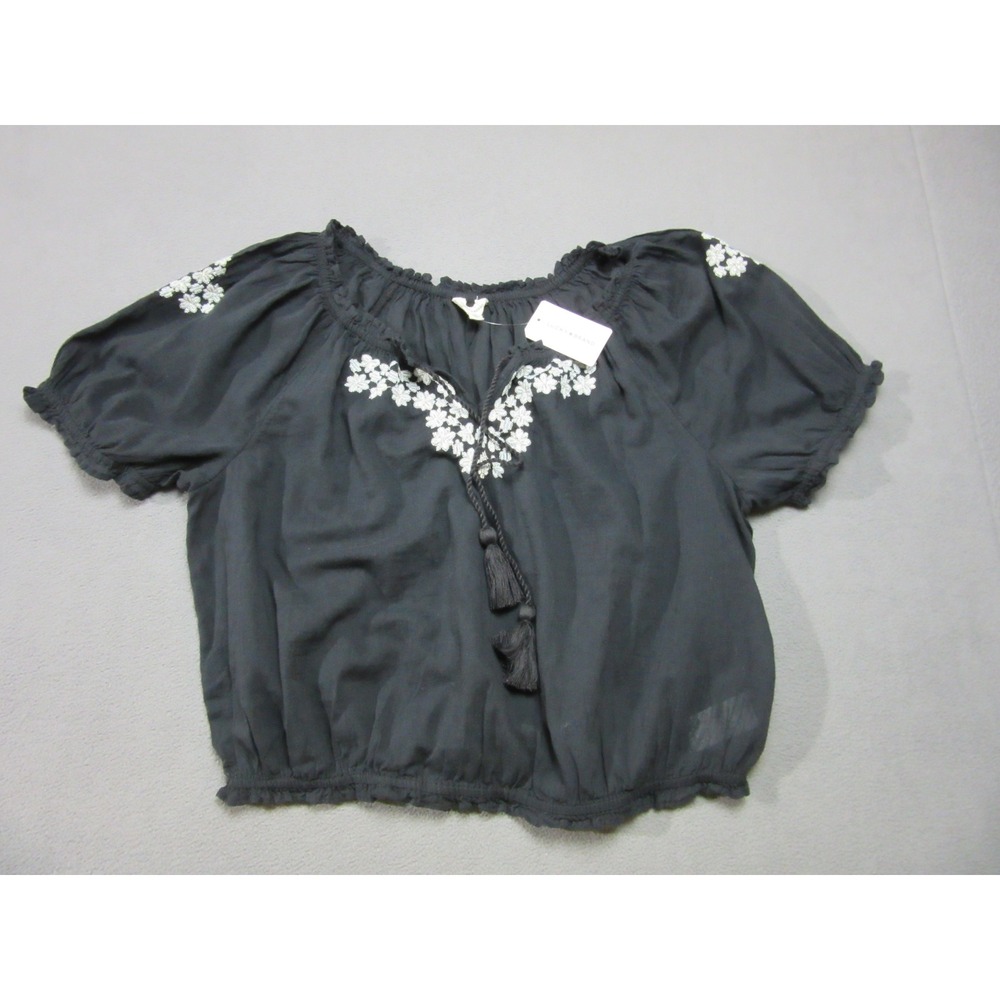 Lucky Top Womens Large Black Peasant White Floral Embroidered Boho Tassel Blouse